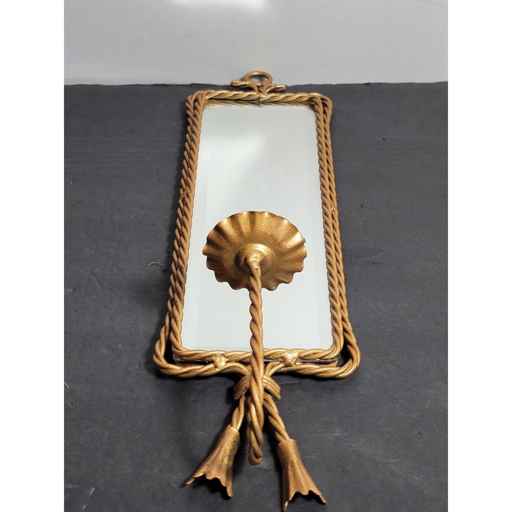 Vintage Brass Beveled Mirror Candle Holder Wall Sconce Gold 4.5x17.5